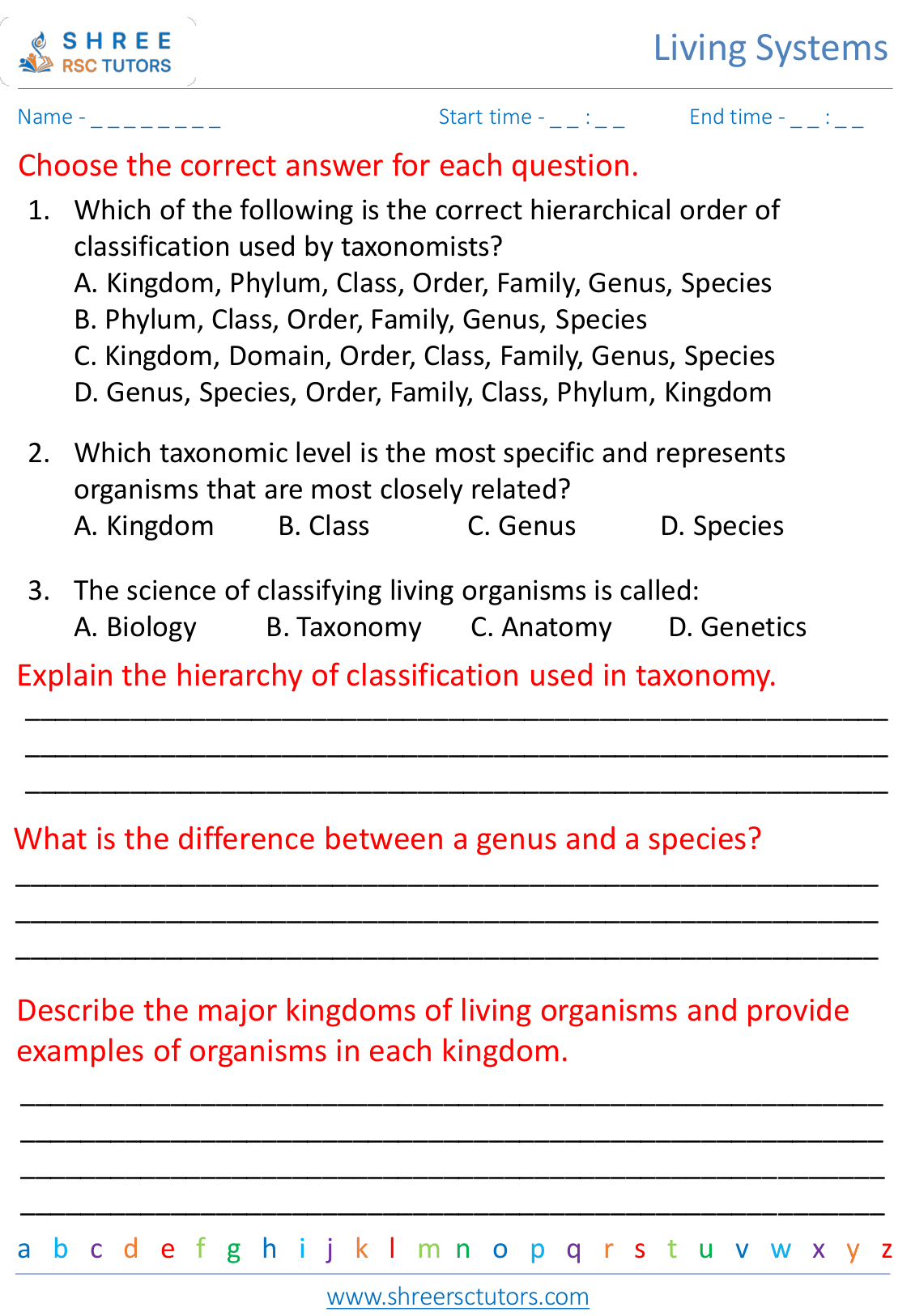 Classification of Living Organisms worksheets for Grade 6 Science
